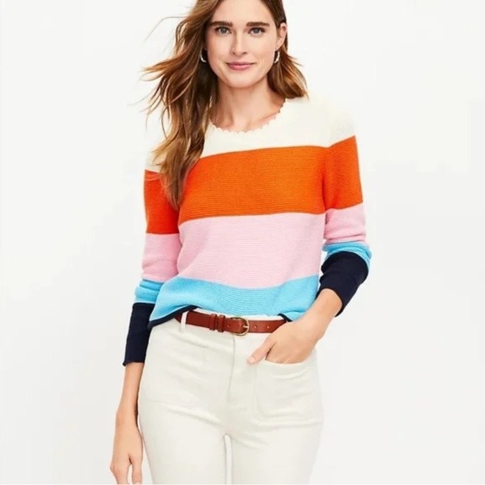 LOFT Petites Colorblock Knit Scalloped Crewneck Sweater XXSP Pink Blue Cotton